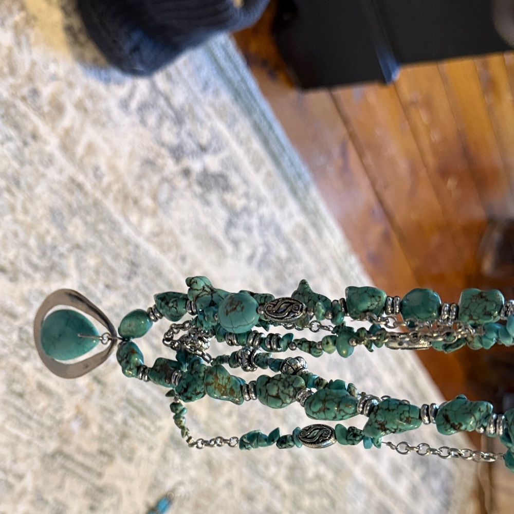 Turquoise Multi-Strand Pendant Necklace - Turquoise Silver Style